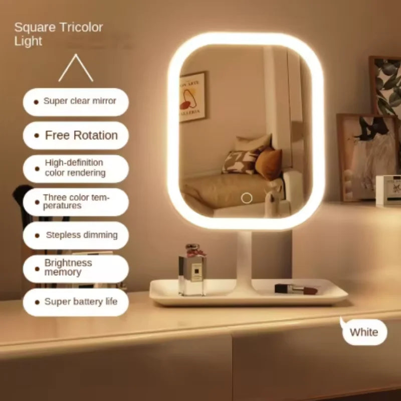 Women Bedroom Desktop Vanity Mirror 3 Color Dimmable Light LED Makeup Touch Control Mirror Home Travel Portable Qme