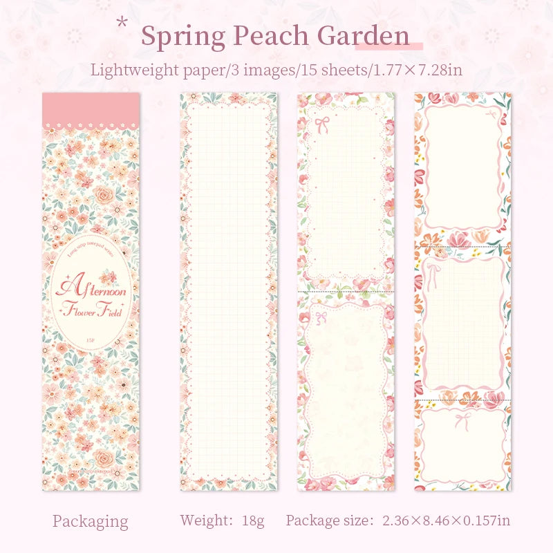 Pastoral Floral Long Sticky Notes,Tearable Afternoon Flower Field Memo Pads,Vintage Floral Background Paper for Journal Collage Qme E