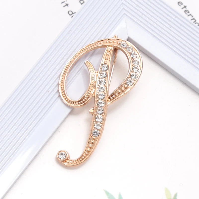 Women Luxury Letter Brooch Pins Gold Rhinestones Crystal English Qme P