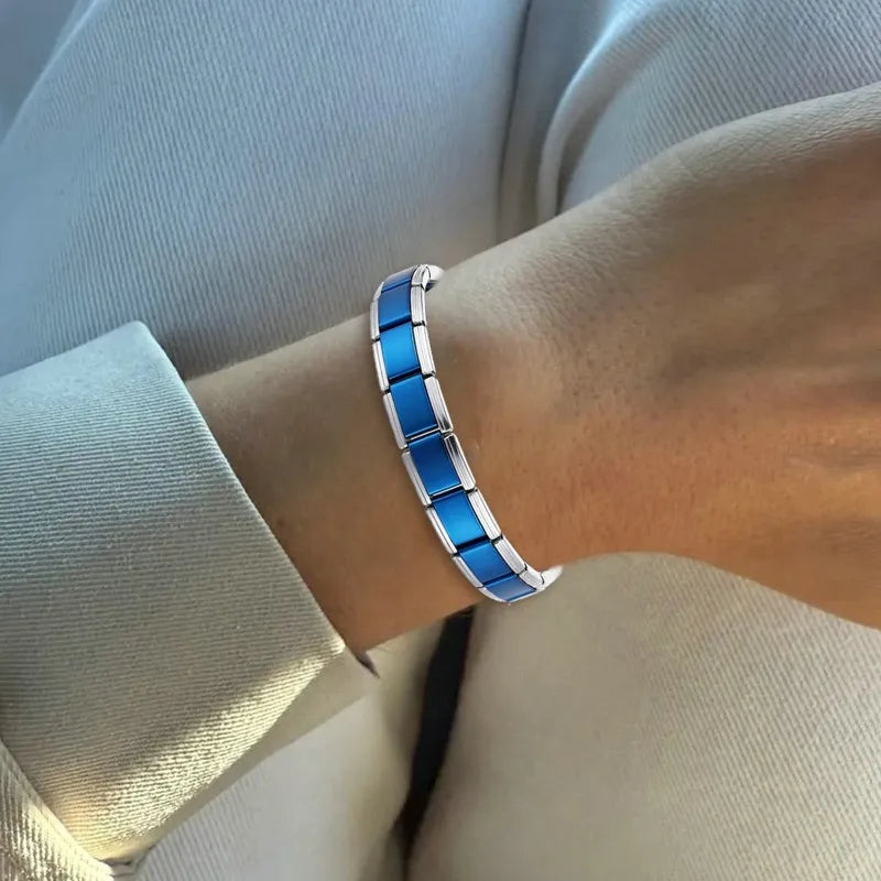 Italian Charms Silver Blue Stainless Steel Elastic Link Bangle 9mm Width Hand Chain DIY Module Bracelets Making Jewelry Gifts Qme
