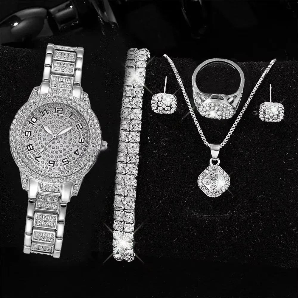 Full Diamond Roman Literal Steel Strip Watch with Starry Charm Business Quartz Watch Set Qme