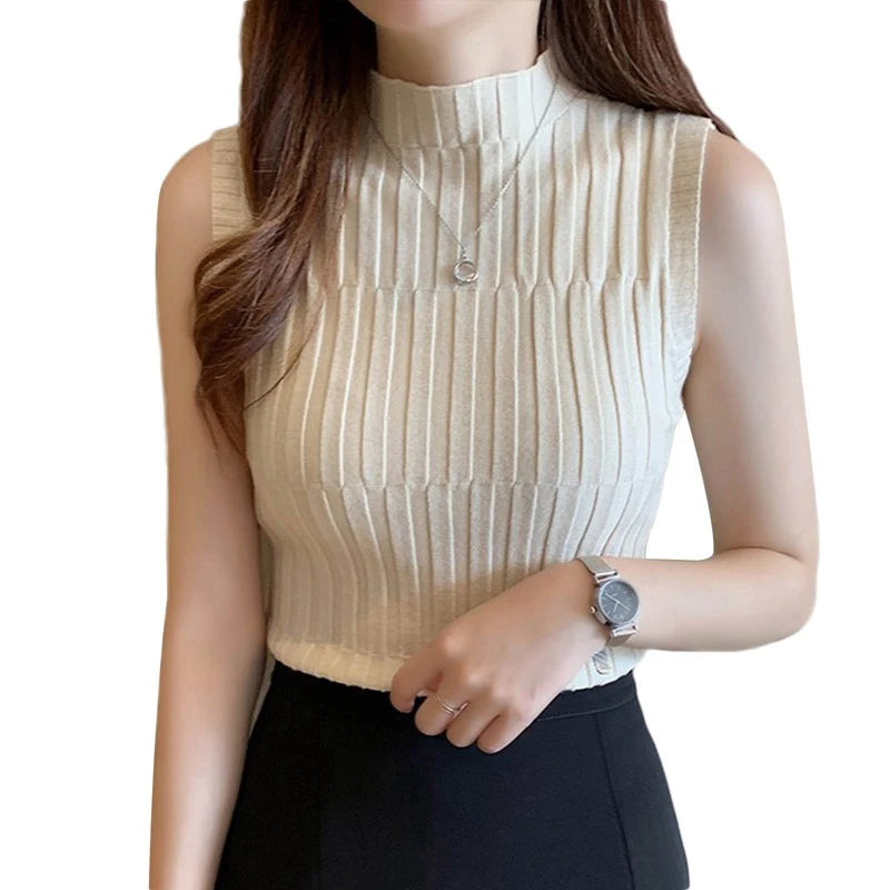 Women Ribbed Halter Tank Crop Tops Summer Spring 2023 Base T-shirt Harajuku Adults Sleeveless Solid Color Round Neck Knit Tops Qme