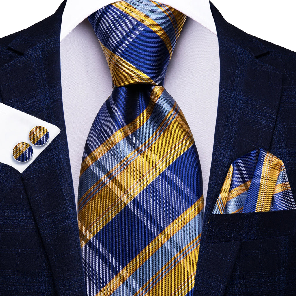 Hi-tie Mens Tie Blue Checks Plaids Silk Wedding Men Fashion Design Qme HT-N-0121
