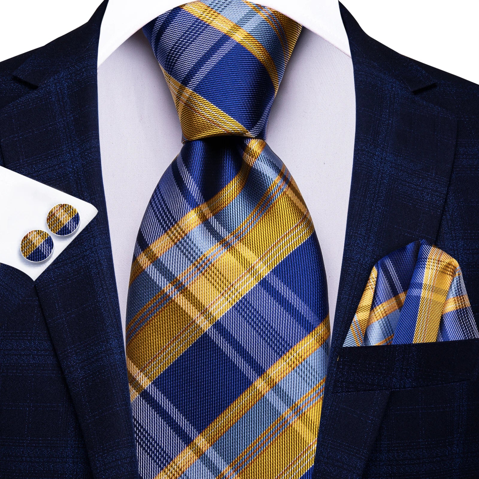 Hi-tie Mens Tie Blue Checks Plaids Silk Wedding Men Fashion Design Qme HT-N-0121