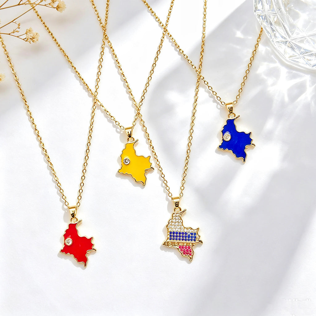 Yellow Red Blue Enamel Colombia Map Multicolor Zircon Pendant Necklace Flag Patriotic Souvenir Jewelry For Women Men Daily Wear Qme