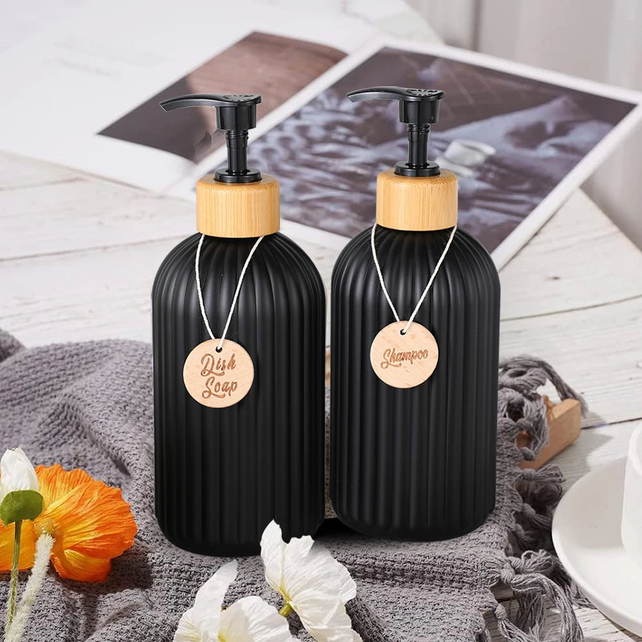 Strip Soap Dispenser with Bamboo Pump Refillable Shampoo Conditioner Hands and Dishes Soap Dispenser Bottle for Kitchen Bathroom Qme