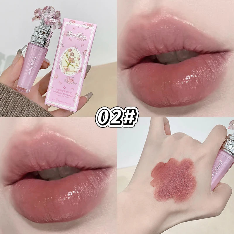 Transparent Crystal Flower Liquid Lipstick Cream Water Matte Grey Pink Lip Glaze Mud Waterproof Nude Almond Brown Tint Makeup Qme 02
