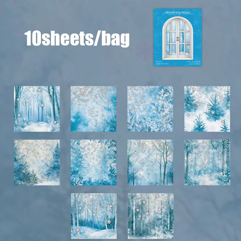 10 Sheets/Bag Winter Snowflake Theme Realistic Snow Particle 3D Sticker Pack for DIY Scrapbook Phone Case Notebook Background Qme 4