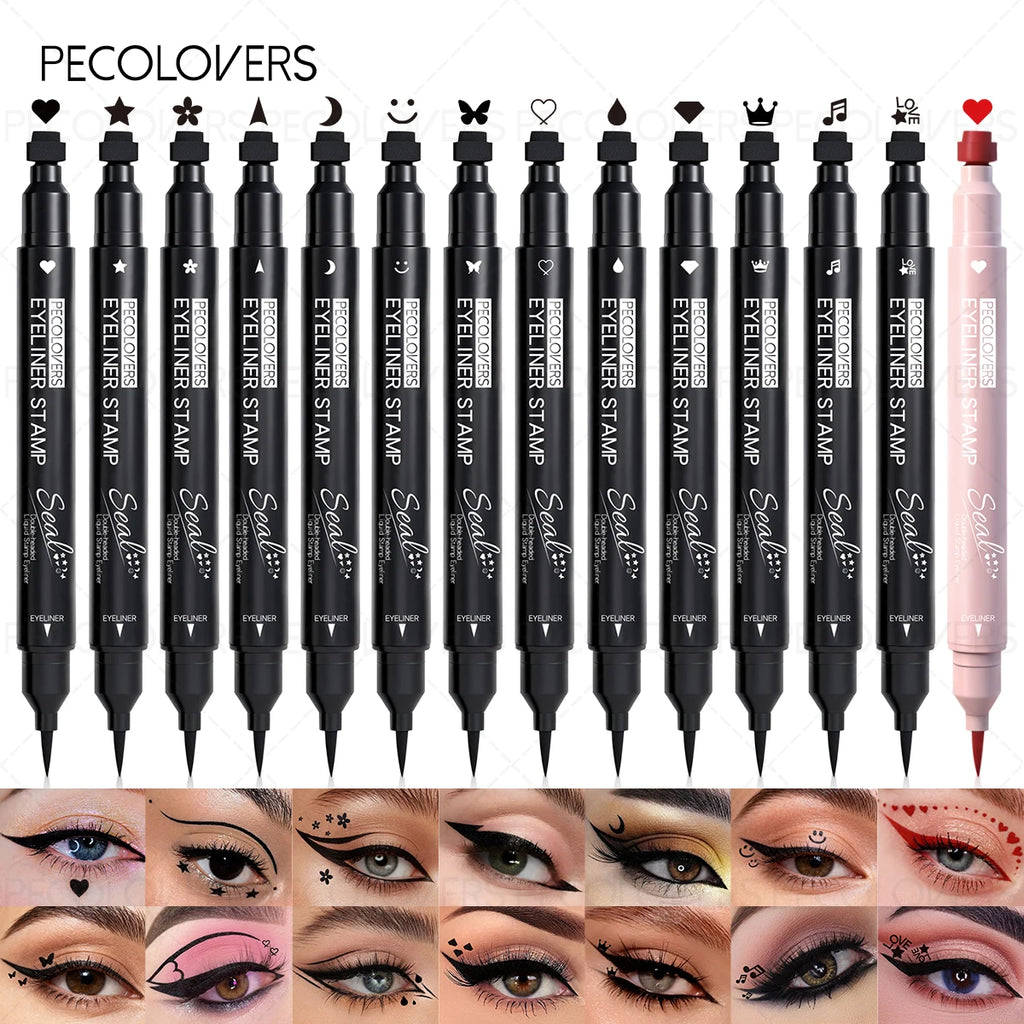 Dual-ended 2-in-1 Eyeliner Stamp, Smooth Black Liquid Eyeliner Pen, Cat Eye Smiley Moon Heart Stamp One-Swipe, Whimsical Makeup Qme