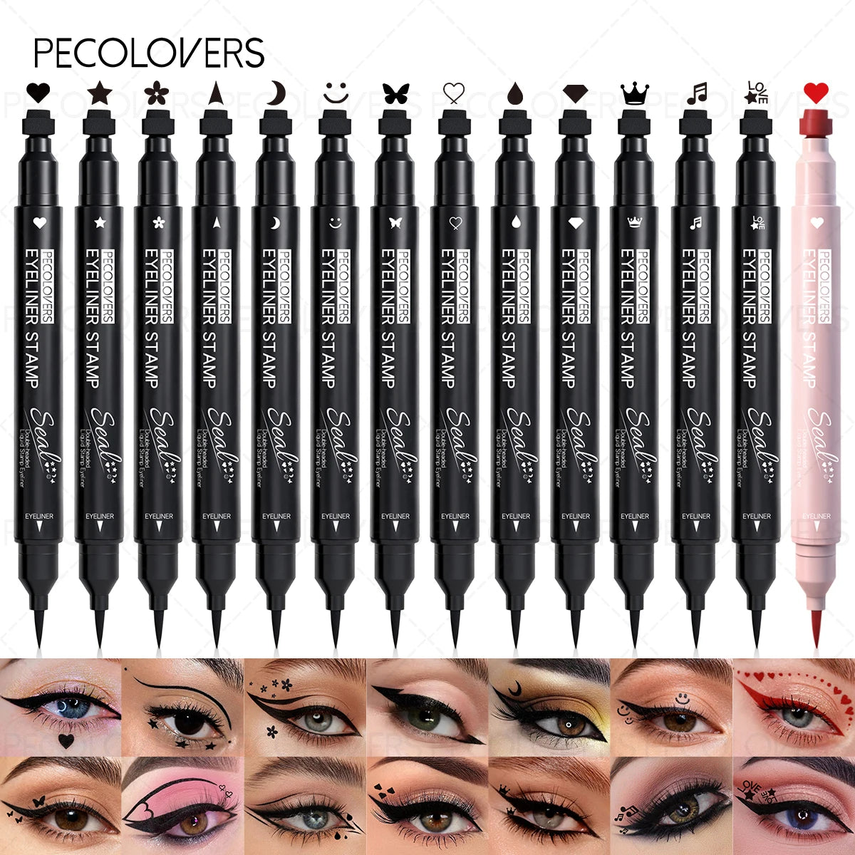 Dual-ended 2-in-1 Eyeliner Stamp, Smooth Black Liquid Eyeliner Pen, Cat Eye Smiley Moon Heart Stamp One-Swipe, Whimsical Makeup Qme