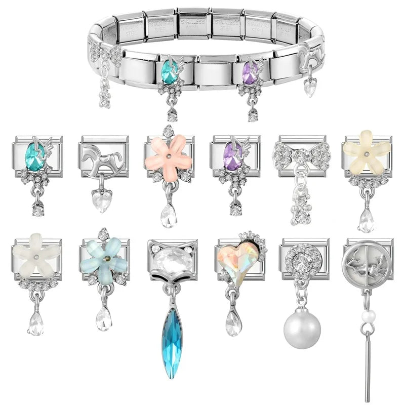 Shiny Colorful Heart Cats Bowknot Flower Zircon Water Drop Italian Charm Links Fit 9mm Stainless Steel Bracelet Women DIY Making Qme