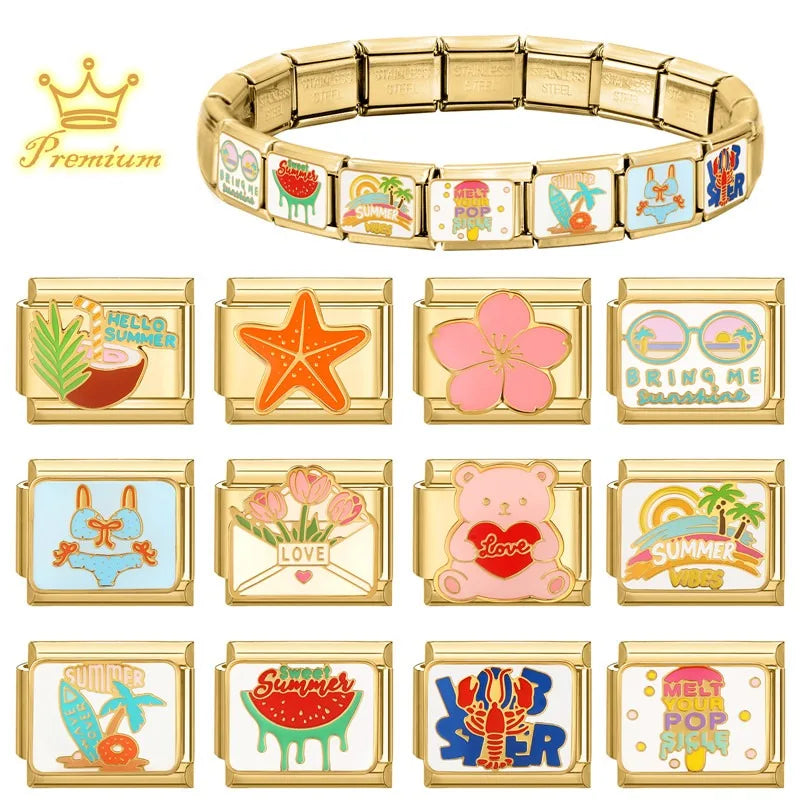 Gold Color Red Love Heart Bear Coconut Tree Pink Flowers Italian Charm Links Stainless Steel Fit 9mm Bracelet Making DIY Jewelry Qme