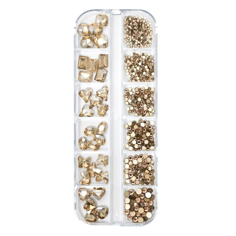 12grids Shiny Clear Crystal Gems Nail Rhinestones Mixed Round Glass Stone Flatback Nail Charms Nail Diamond DIY Qme