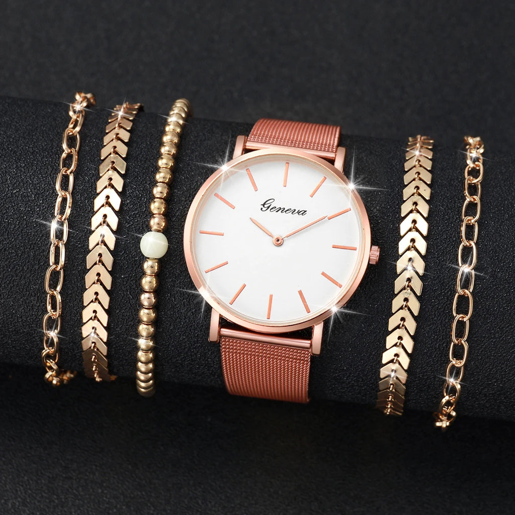 Women's Quartz Watch with Simple Scale Dial, Mesh Band, Bracelets Set, Female Fashion, Without Case, 6 Pieces Per Set Qme