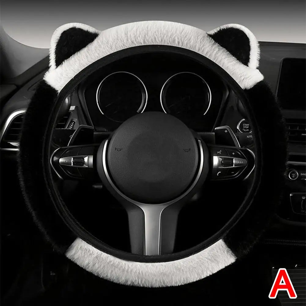 CAR Winter Plush Car Steering Wheel Protective Cover Universal Non-slip Soft Cute Cat Ears Plush Steering Wheel Cover Qme A