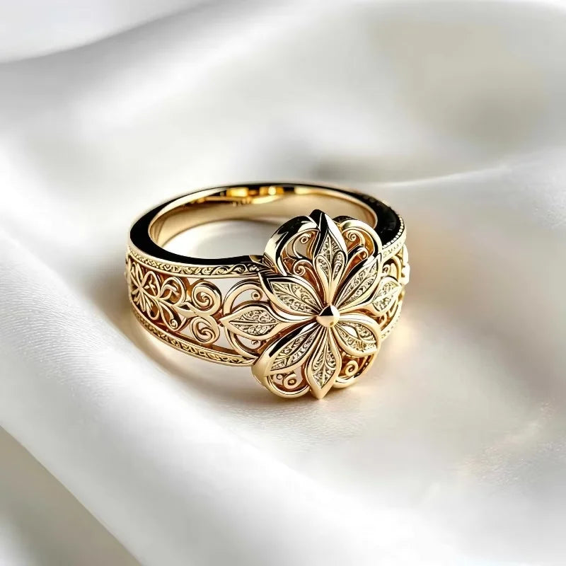 Vintage Flower Filigree Ring Silver Color Hollow Out Floral Statement Rings for Women Antique Carved Cocktail Party Jewelry Gift Qme golden 7