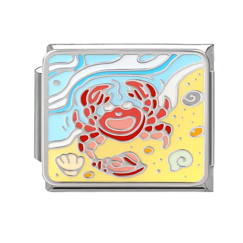 2026 New Summer Ocean Theme Crab Fish Italian Charms Link 9mm Golden Modular Bracelet Stainless Steel DIY Gift Jewelry Wholesale Qme Style 1