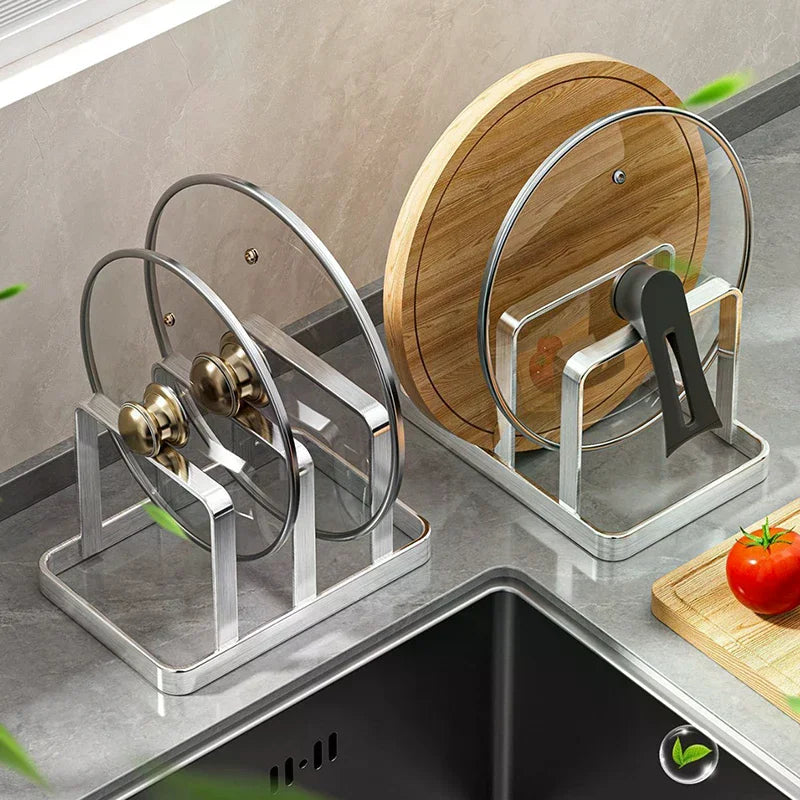 Space-Saving Stainless Steel Pot Lid And Cutting Board Organizer Combo - Heavy-Duty Countertop Rack, Kitchen Organizer Qme