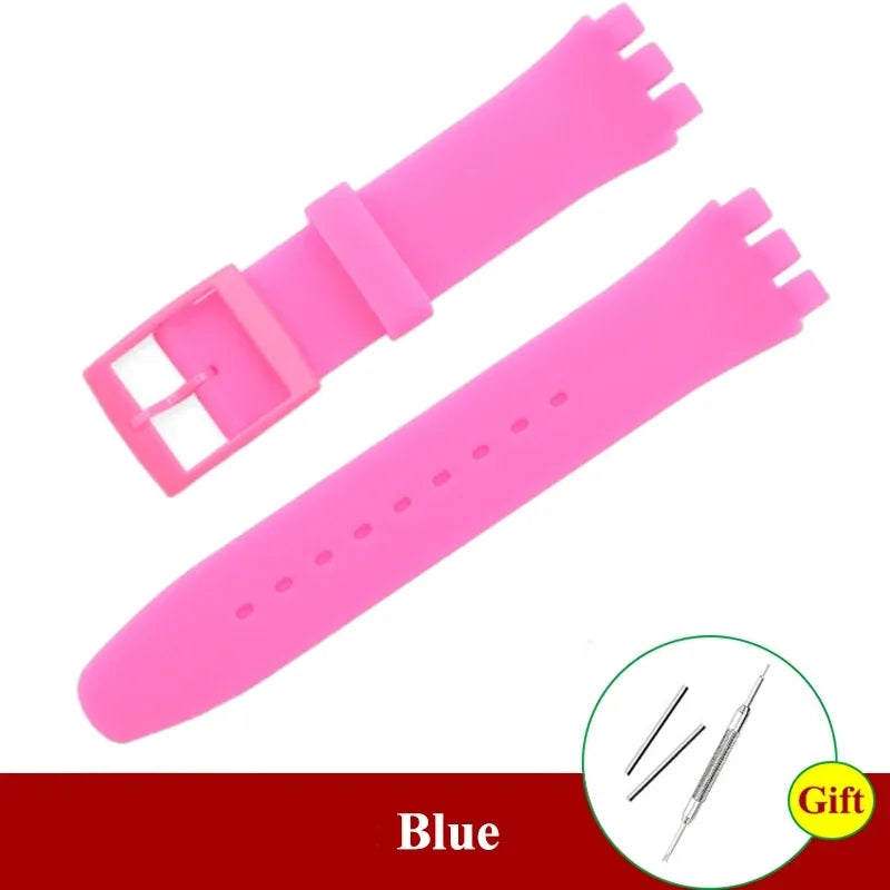 16mm 17mm 19mm 20mm Soft Silicone Bracelet Colorful Watchband for Swatch Watch Strap Replacement Watches Accessories with Tool Qme Deep Pink 19mm