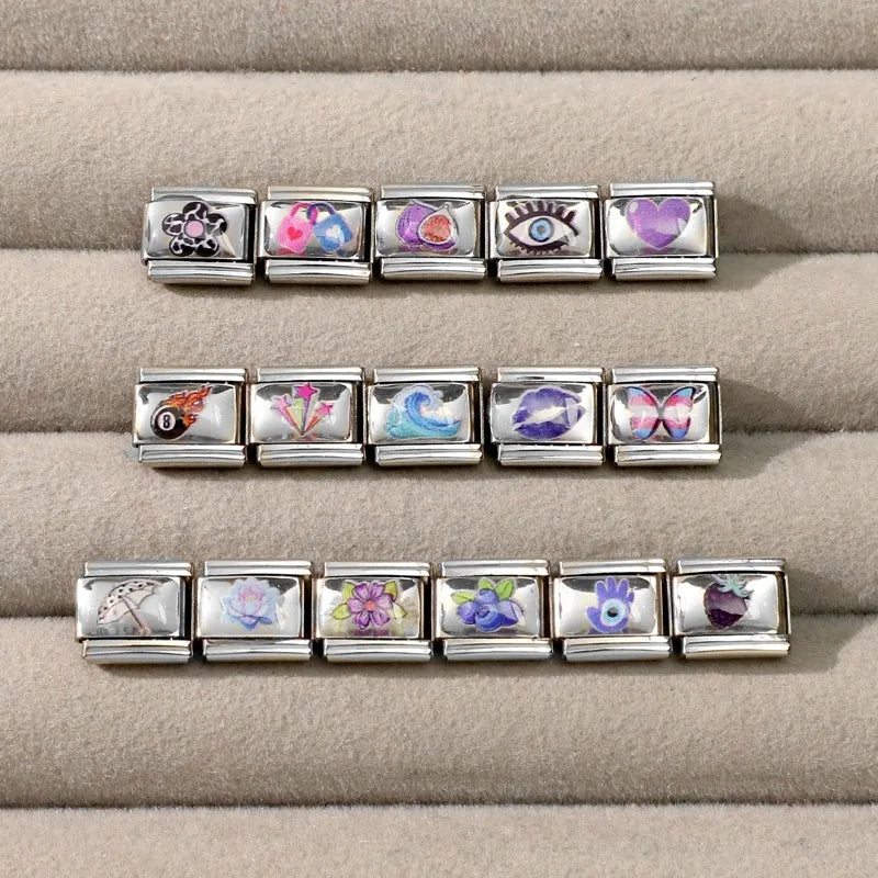 Hot Selling Heart Blue Series Butterfly Fruits Italian Charm Link Fit 9mm Stainless Steel Bracelet Making DIY Beads Jewelry Gift Qme