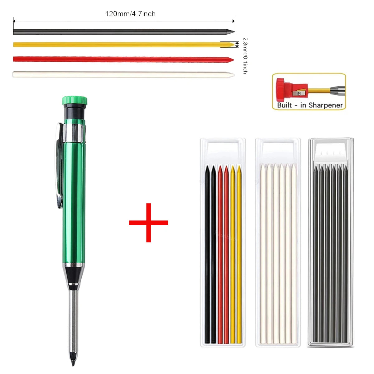 Metal Solid Carpenter Pencils with Sharpener Carpenter 2.8mm Solid Mechanical Pencils Marking Tools Construction/Carpenters Qme 1green pen-3 refills