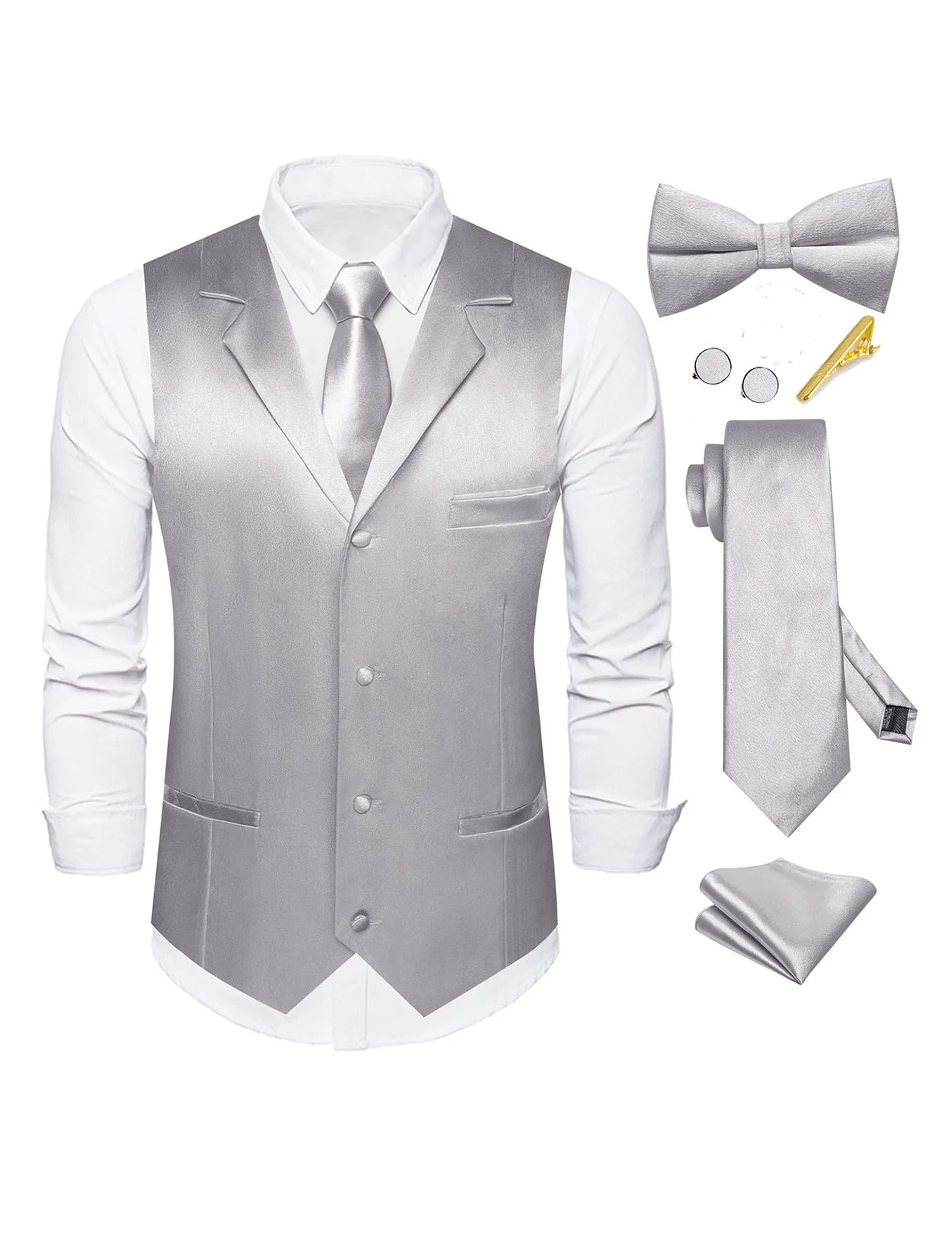 Men's Satin Vest Tie Hanky Cufflinks Bowtie Clip Formal Waistcoat Qme MJTZ3131-DPTLJ01 XL