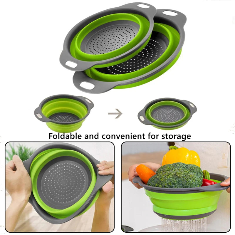 Foldable Vegetable Fruit Cleaning Basin Drainage Basket Silicone Collapsible Colander Folding Wash Drainer Kitchen Storage Tools Qme