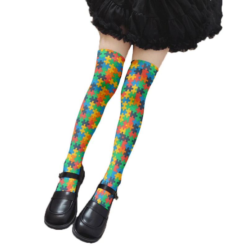 Novelty Puzzle Pattern Stockings Harajuku Sexy Plaid Knee Socks Qme style4 One Size