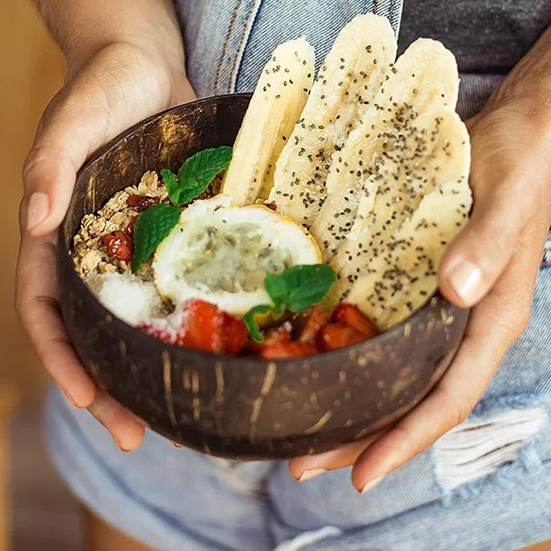 Natural Coconut Shell Bowl with Spoon Yogurt Bowl Wooden Bowl Polished Coconut Bowls Fruit Salad Dessert Wooden Spoon Sets Bow Qme