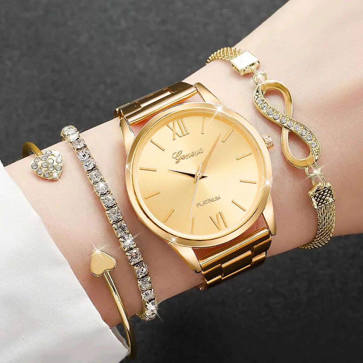 Elegant Sparkling Rhinestone Women Gift Set, GENEVA Gold Tone Chronograph Watch Matching Diamond Heart Infinity Jewelry Bracelet Qme Silver
