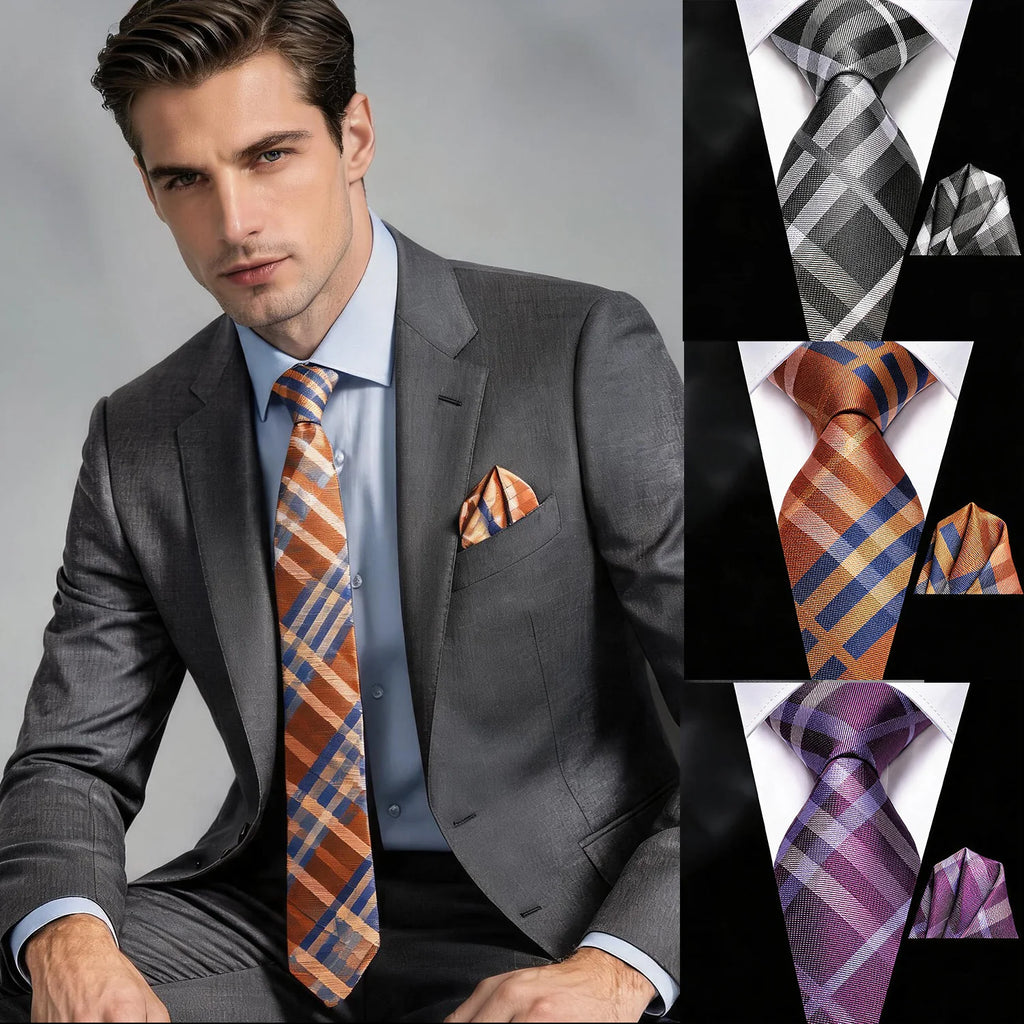 Men Formal Blue Orange Purple Grey Floral Plaid Necktie Pocket Square Qme