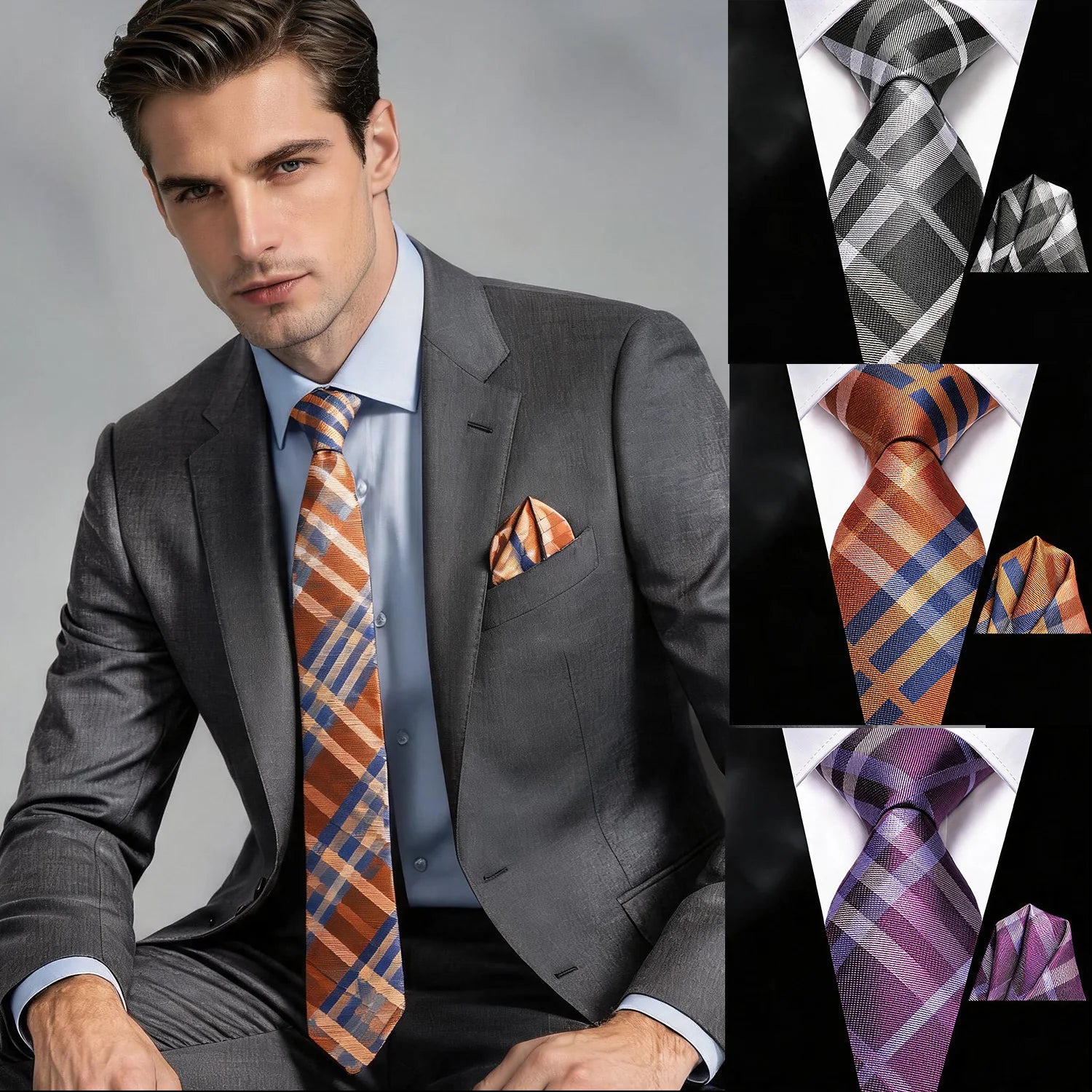 Men Formal Blue Orange Purple Grey Floral Plaid Necktie Pocket Square Qme