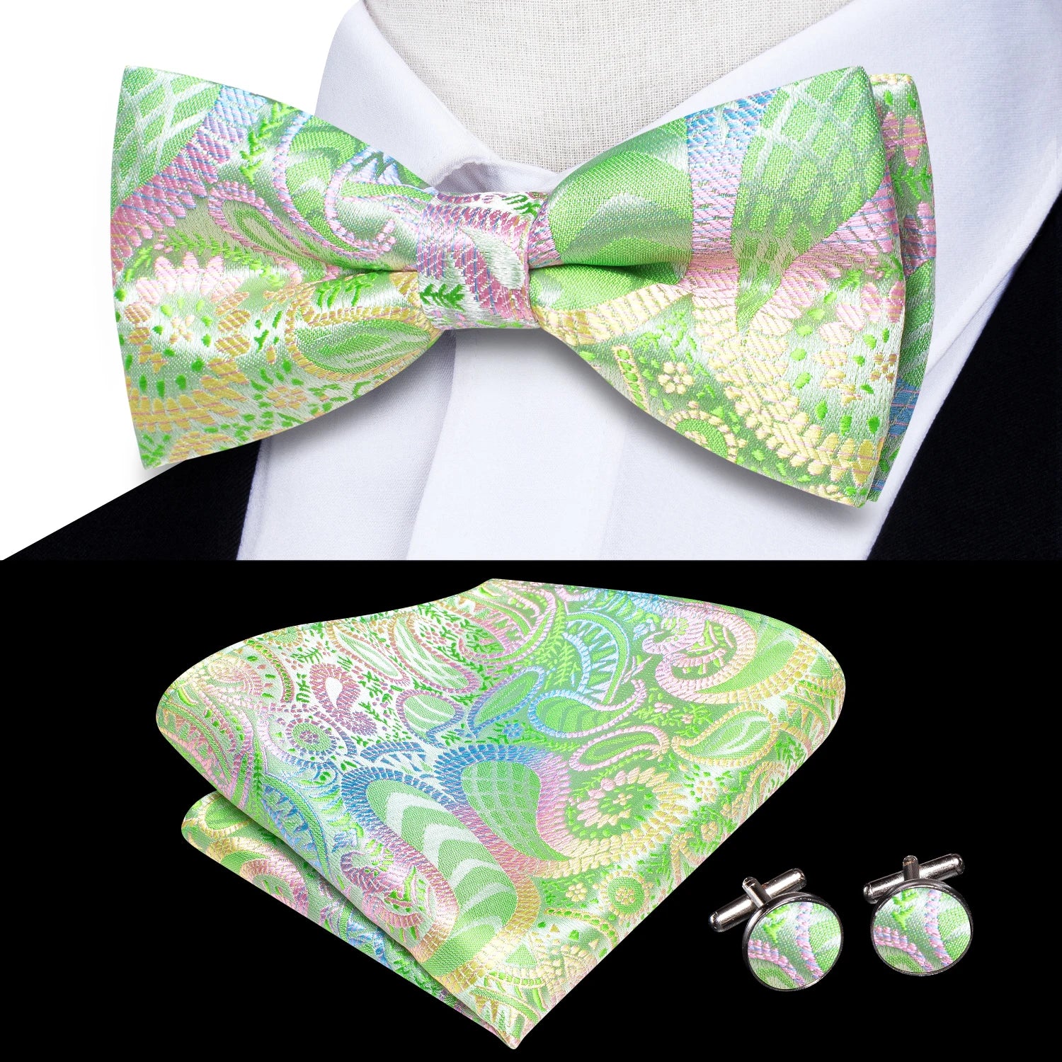 Hi-tie Pink Dot Silk Mens Pre-tied Bow Tie Hanky Cufflink Dusty Qme LH-0580