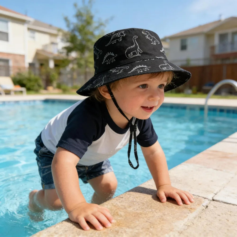 Baby Sun Hat Dinosaur UPF 50+ Sun Protective Toddler Bucket Hat Summer Kids Beach Hats Wide Brim Outdoor Play Hat for Boys Girls Qme