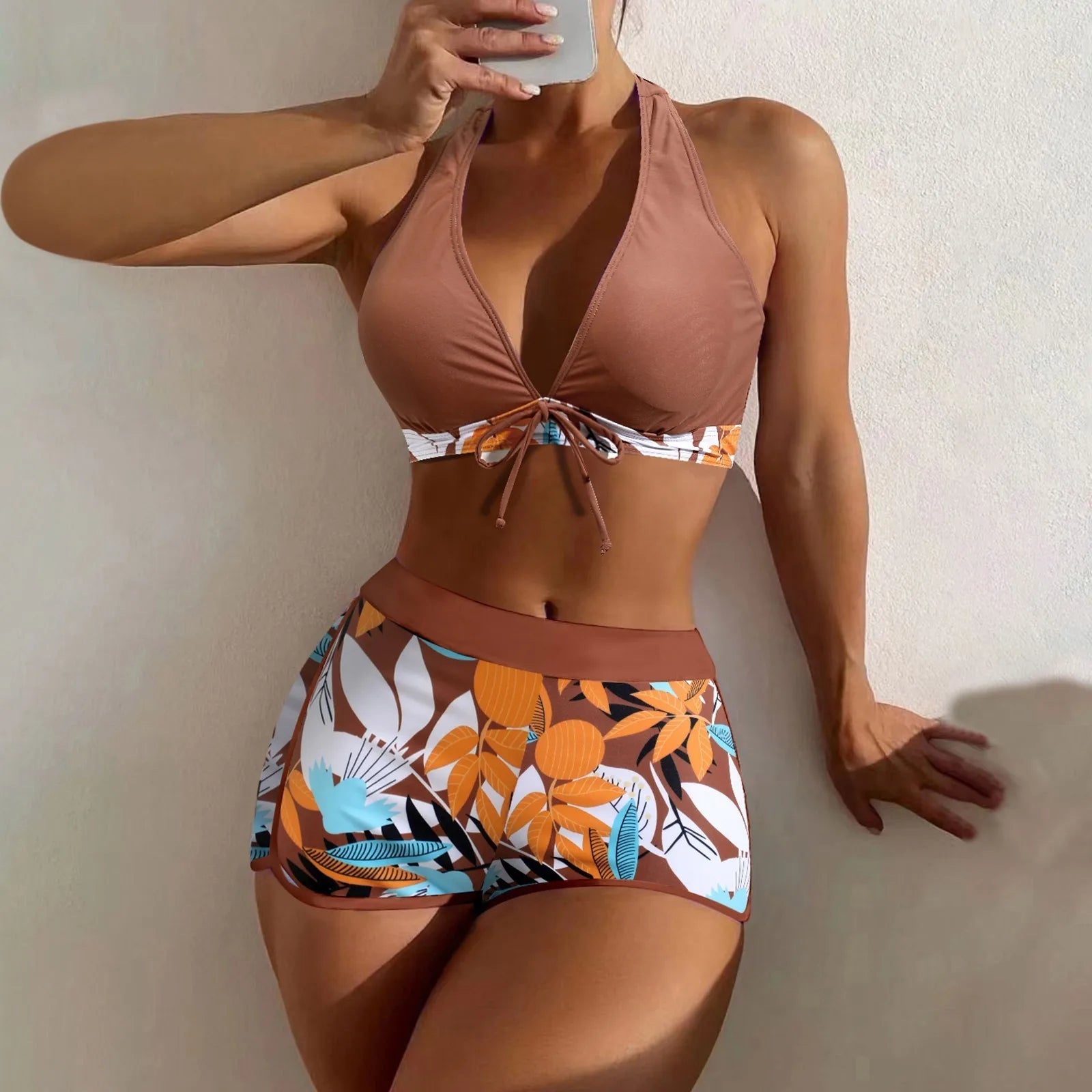 Women's Paneled Printed Swimsuit Ladies Fashion Sexy Split Boxer High Waist Swimsuit Two-Piece Set V-Neck Bathing Suits Female Qme Brown XL