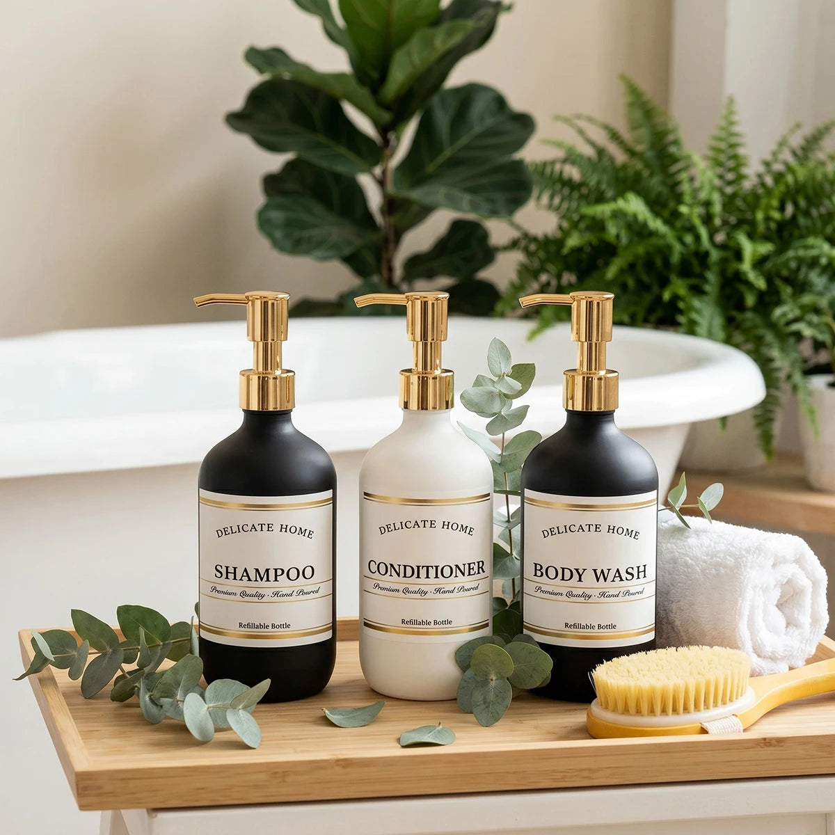 Delicate Home Refillable Shampoo Conditioner Body Wash Bottles Set of 3 Matte Black & White Plastic Pump Bottles Luxury Bathroom Qme