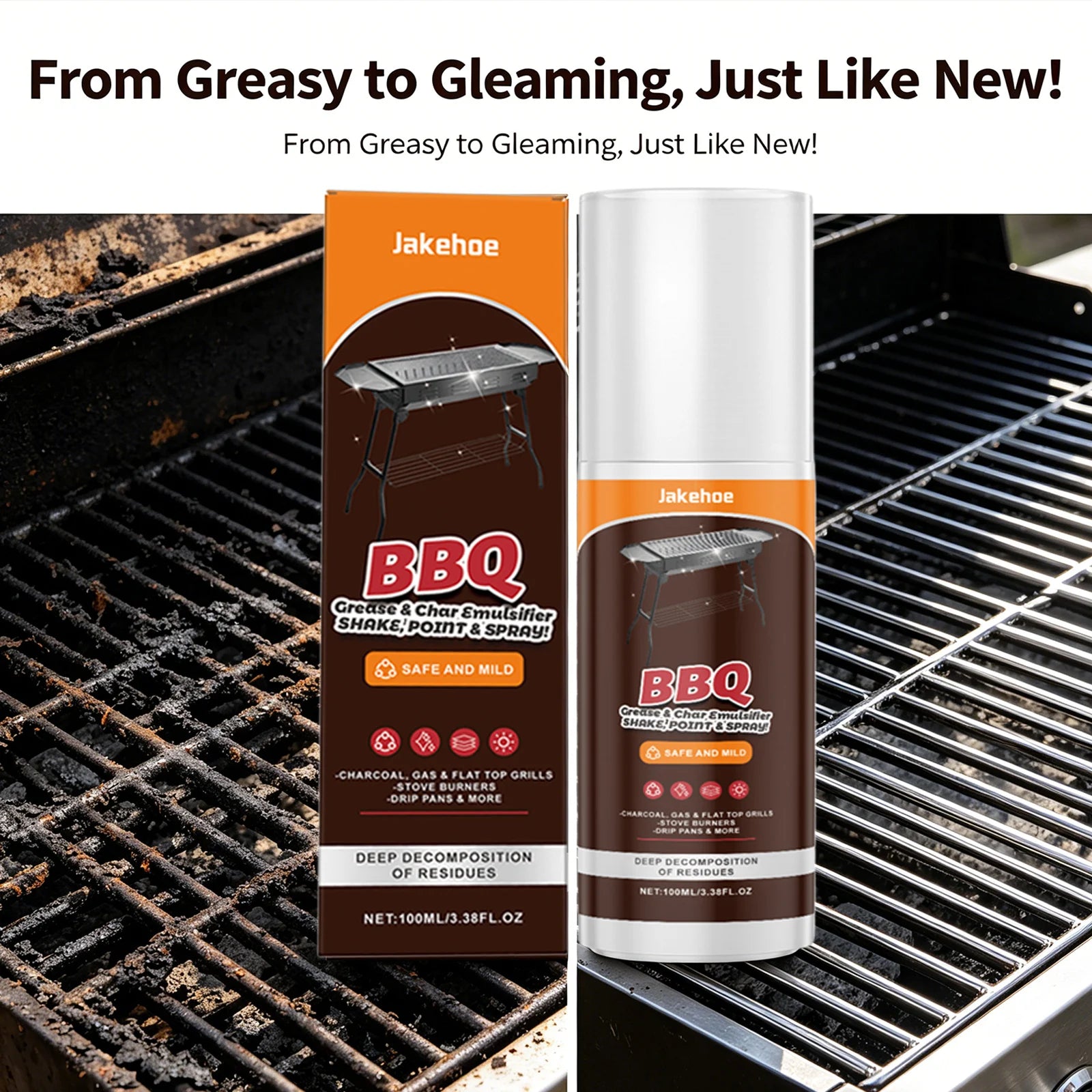 JAKEHOE BBQ Grill Cleaner Spray Dissolve Oil Stains Remove Burnt-On Food Fast-Acting BBQ Cleaning Solution Heavy-Duty Degreaser Qme