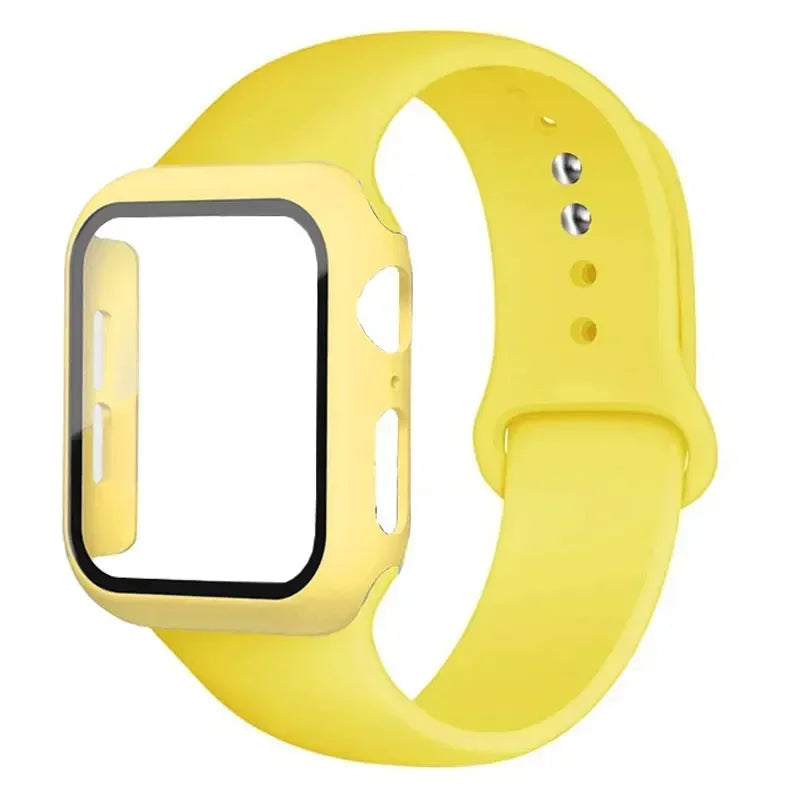 Glass+Case+Strap for Apple Watch Band 45mm 44mm 41mm 40mm 38mm 42mm Screen Protectors for Apple IWatch Series 9 8 7 6 SE 5 3 4 Qme Yellow 42mm