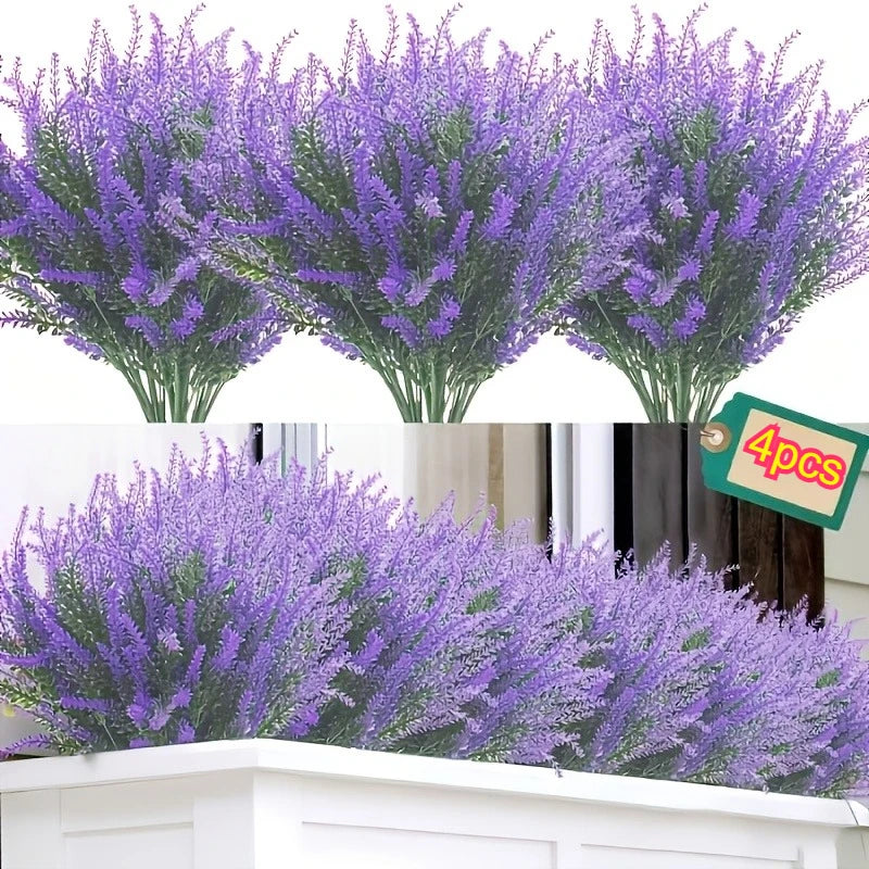 Artificial Lavender Flowers, Plastic Faux Plants for Outdoor Patio Decor, Home Room Table Decor Without Container Qme 4pcs