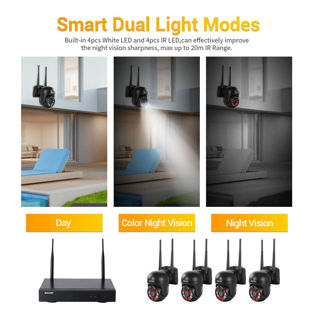 ESCAM H.265 3MP HD Wireless CCTV System Two Way Audio Waterproof PTZ WIFI IP Security Camera 8CH NVR Video Surveillance Kit Qme