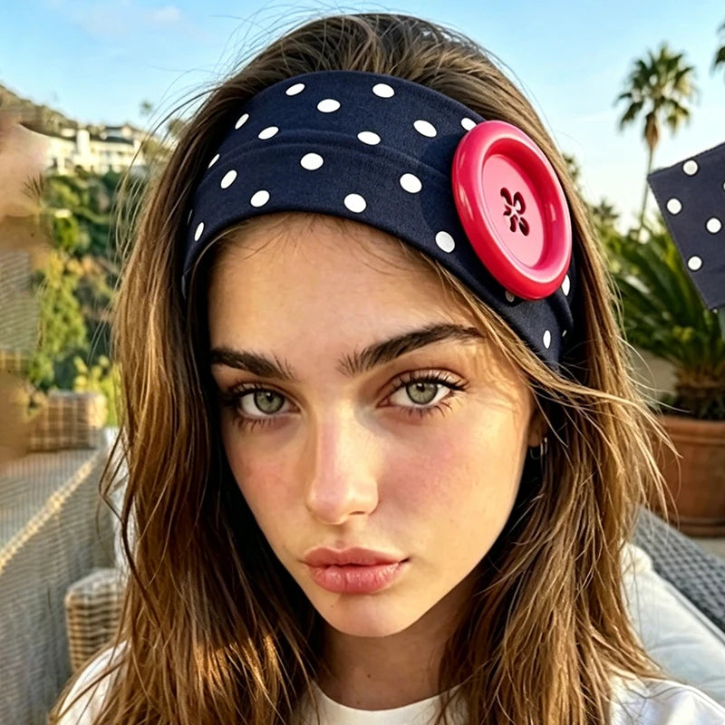 2026 Y2K Big Button Elastic Headband Sweet Cute Polka Dot Wide Yoga Hairband Dopamine Colorful Hair Accessories for Women Girls Qme