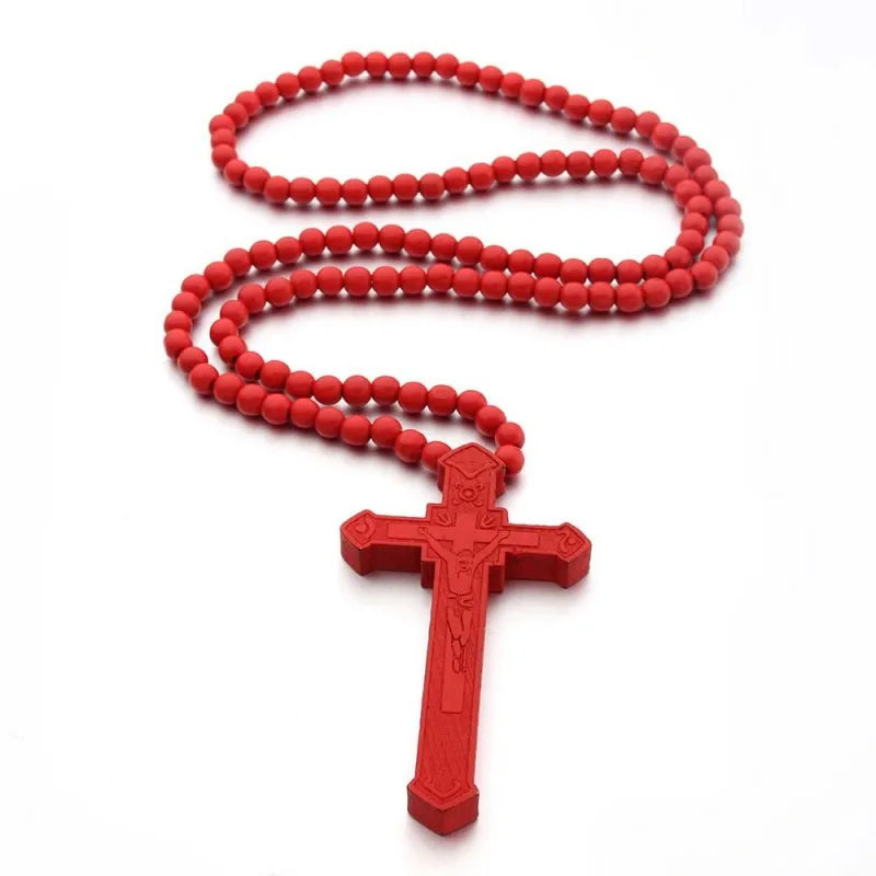 Wooden Rosary Pendant Cosplay Religious Antique Cool Cross Necklace Beads Catholic God Bless Jewelry Trend Fashion Festival Gift Qme