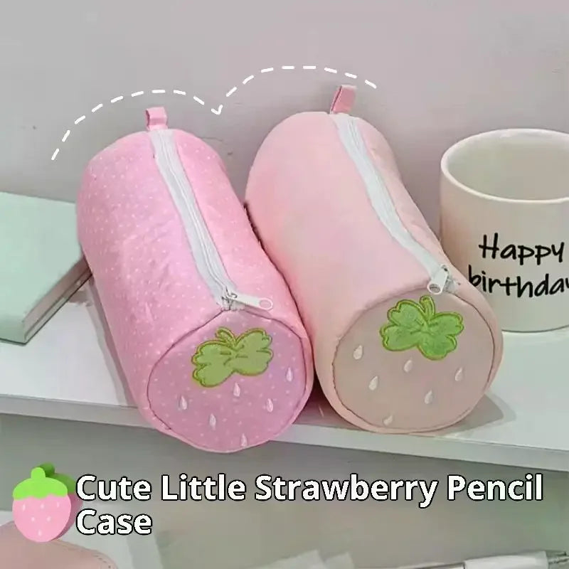 Cream Strawberry Polka Dot Pink Pencil Case Student Stationery Back Qme