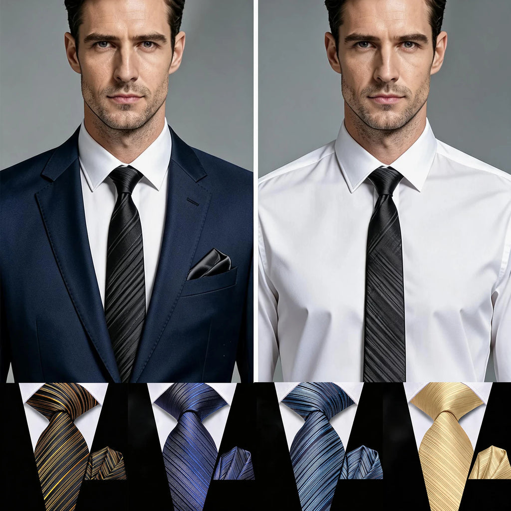 Diagonal Striped Tie Pocket Square Blue Black Brown Gold Men Formal Qme