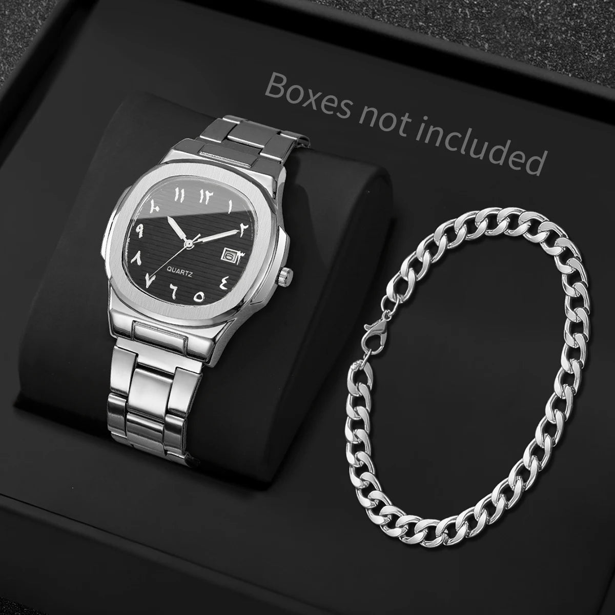 Men's Silver Watch and Bracelet Combo Set, Blue Dial Arabic Numeral Quartz Watch + Cuban Bracelet, Perfect Gift Qme Black Set No Box