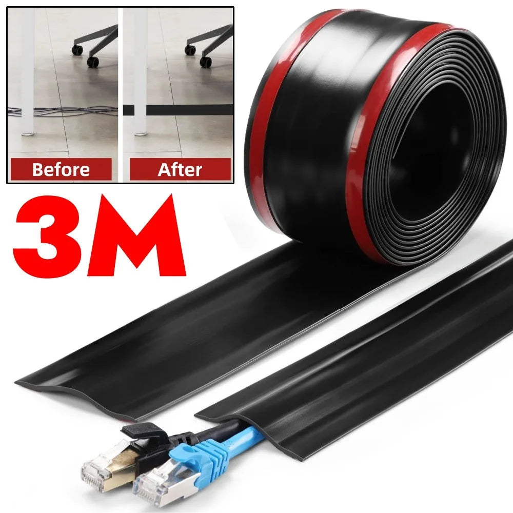 1/3M Floor Cable Protector Self-Adhesive PVC Flexible Cable Protection Strip Prevent Trip Floor Covering Decoration Cable Duct Qme