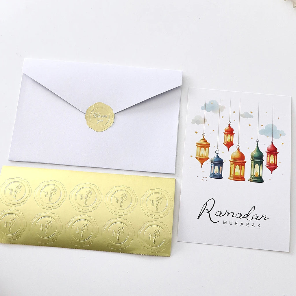 Islamic Greeting Card Set, 6 Eid Gift Card Designs Featuring Moonlight, Flowers, and Lanterns, Size 4.65× 7.01inch , Includes Envelopes and Stickers, Holiday Greeting Card Set, Ramadan DIY Holiday Decorations Qme