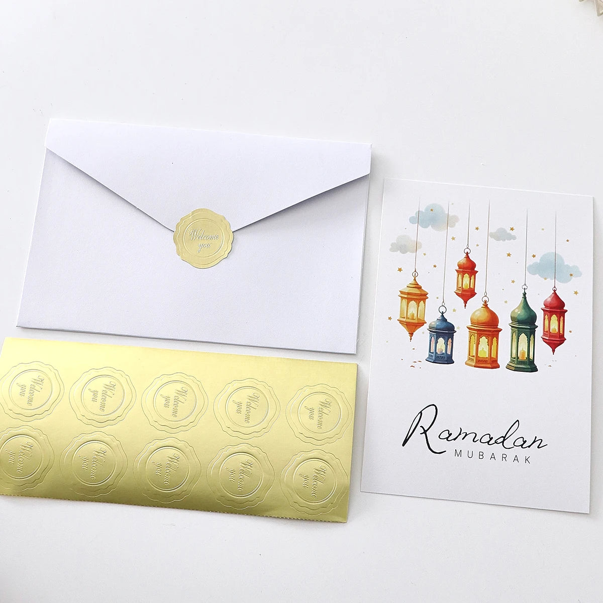 Islamic Greeting Card Set, 6 Eid Gift Card Designs Featuring Moonlight, Flowers, and Lanterns, Size 4.65× 7.01inch , Includes Envelopes and Stickers, Holiday Greeting Card Set, Ramadan DIY Holiday Decorations Qme