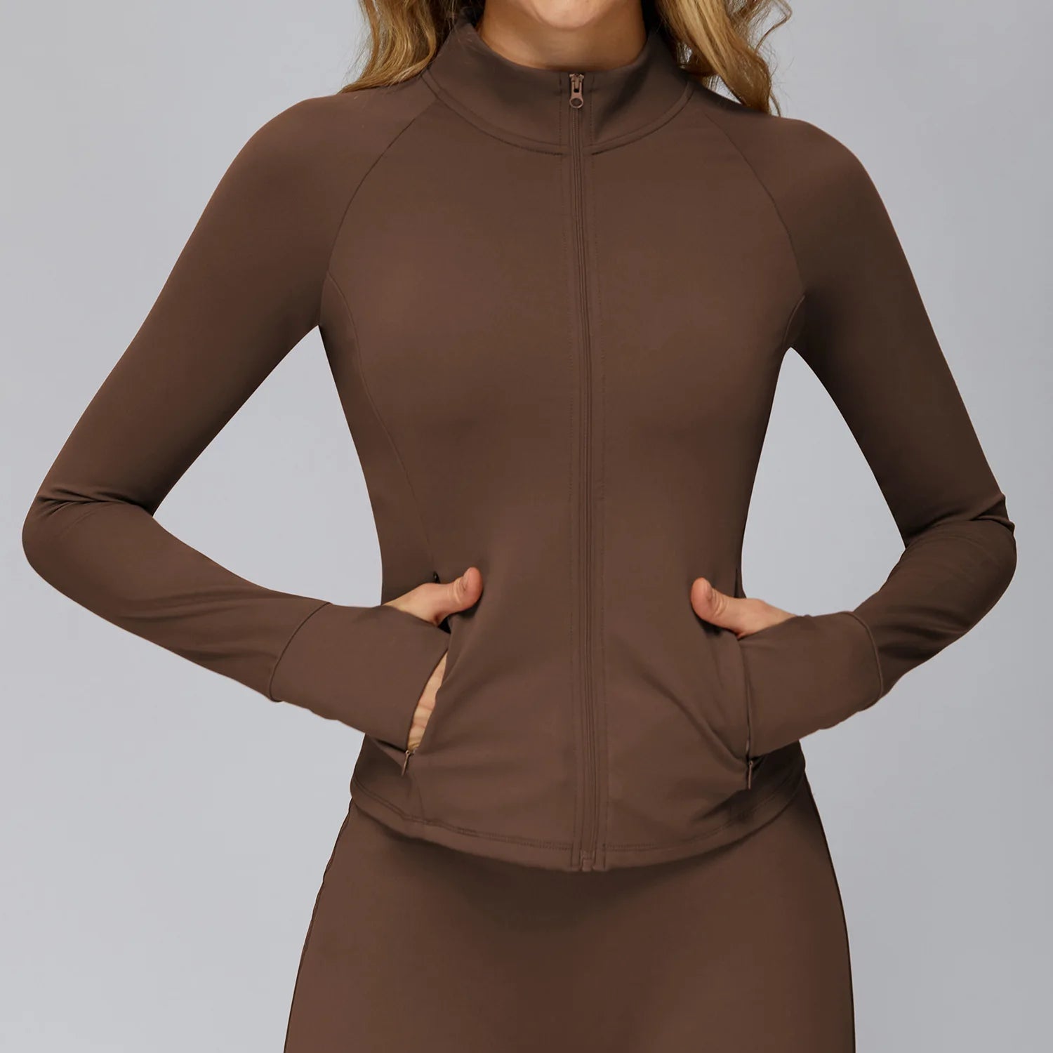 A Summer Ultra-Soft Fabrics Tight Sports Jackets Women Zipper Gym Yoga Clothes Female Quick-Dry Long Sleeve Sportswear Qme Chocolate Brown M