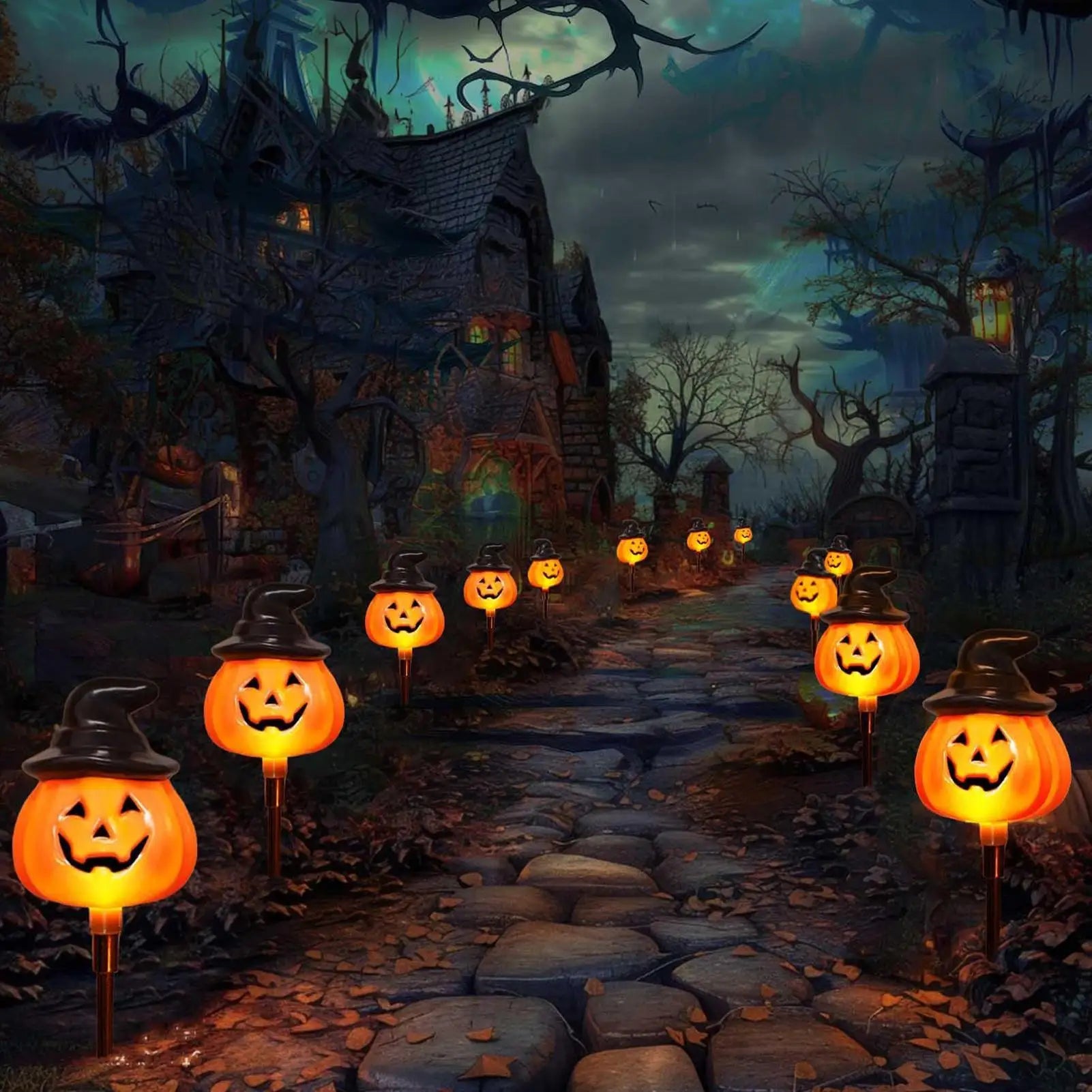 Halloween Solar Stake Lights Outdoor 5 Pumpkin Waterproof Yard Lamps Qme